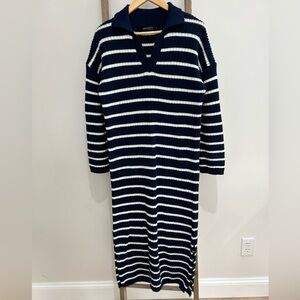 Merokeety Knit Maxi Dress V-Neck Long Sleeve Striped Blue White Oversized Small